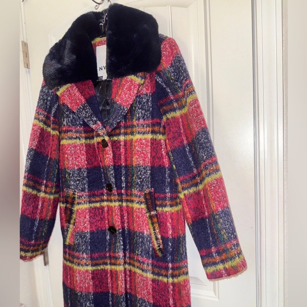 Anthropology NVLT Navy and Red Plaid Coat with Faux fur Collar new! - Picture 10 of 13